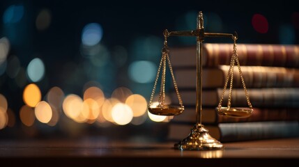 Symbolic representation of justice with balanced scales on a wooden table against an out-of-focus cityscape illuminated at night