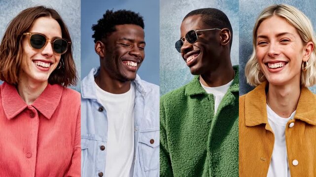 Trendy friends in bright jackets laugh together in front of soft blue backdrop showing inclusive friendship modern street style and joyful approachable community image