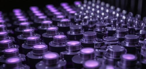 Rows of metallic cylindrical components with vibrant glowing purple centers create a futuristic detailed pattern