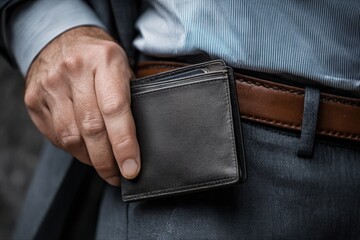 Man pulls out wallet from pocket, dressed in casual office attire, showing attention to detail while preparing for a transaction on a city street