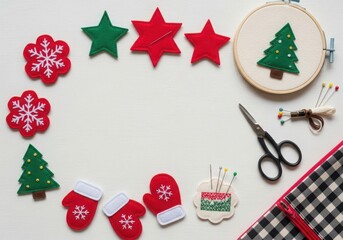 Festive christmas crafting supplies arranged in a circular frame on a white background with copy space