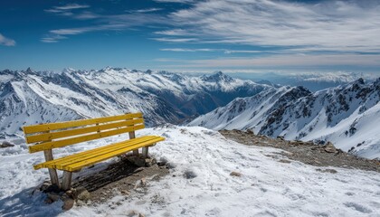 Bright yellow wooden bench offers a resting spot amidst a vast panorama of snow-covered mountain ranges under a clear blue sky.