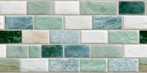 ceramic tile mosaic with a pale green and white color palette, featuring rectangular tiles in various sizes. this pattern is suitable for creating an elegant bathroom or kitchen wall design