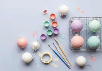 Overhead view of pastel colored easter eggs being painted with brushes and watercolors on a light gray surface