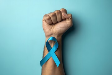 A clenched fist with a blue awareness ribbon tied around the wrist symbolizing support and solidarity for men s health awareness causes like prostate cancer