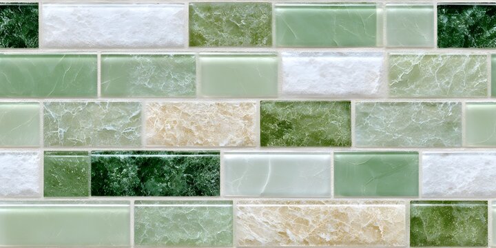 ceramic tile mosaic with a pale green and white color palette, featuring rectangular tiles in various sizes. this pattern is suitable for creating an elegant bathroom or kitchen wall design