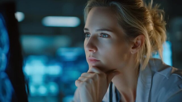 Intense Focus: A dedicated professional is deeply engrossed in her work, illuminated by the glow of a technological display, portraying a scene of concentration and intellect.