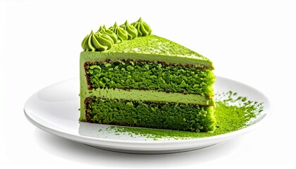A slice of vibrant green matcha cake, elegantly presented on a pristine plate, tantalizes with its delicious appearance.