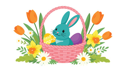 A joyful teal Easter bunny sits in a pink woven basket with two decorated eggs, surrounded by blooming spring flowers on a white background.