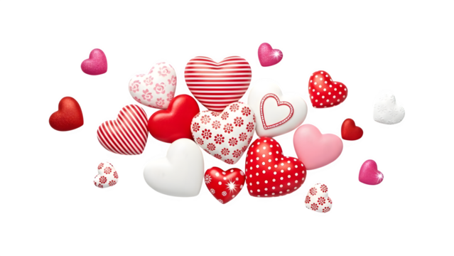 Collection of patterned hearts, isolated on transparent background
