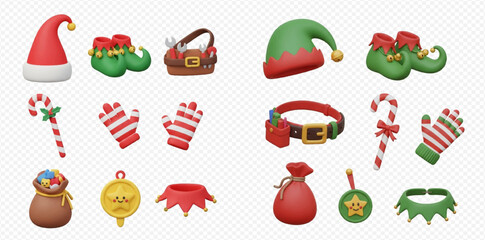 3D rendered collection of Christmas and elf accessories and decorations.