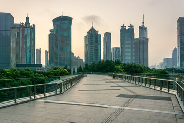 Modern Cityscape with Skyscrapers and Empty Footbridge