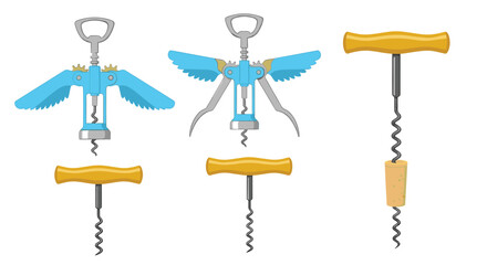 A collection of various wine corkscrews, including modern winged and classic T-handle designs, isolated on a white background.