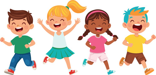 Four diverse cartoon children running and smiling with joy on white background kids