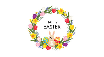 A cheerful Easter greeting with a vibrant floral wreath of spring flowers, a cute bunny, and decorated eggs, on a white background.
