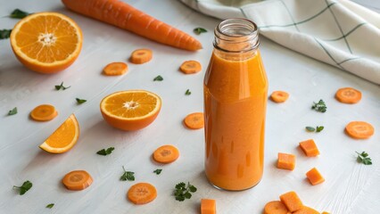 Fresh orange and carrot juice in a bottle with scattered slices, ideal for healthy beverage ads, cold-pressed juice brands, detox plans, or clean eating lifestyle blogs