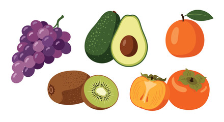 Assortment of colorful and nutritious fruits, featuring juicy purple grapes, creamy avocados, fuzzy kiwis, bright oranges, and sweet persimmons.