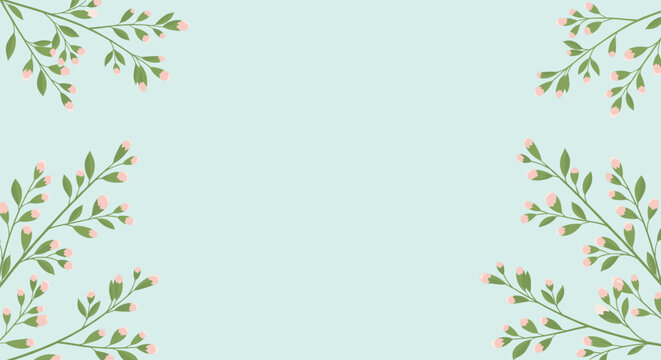 Gentle botanical border on a soft blue background, featuring budding pink flowers and lush green leaves. - Powered by Adobe