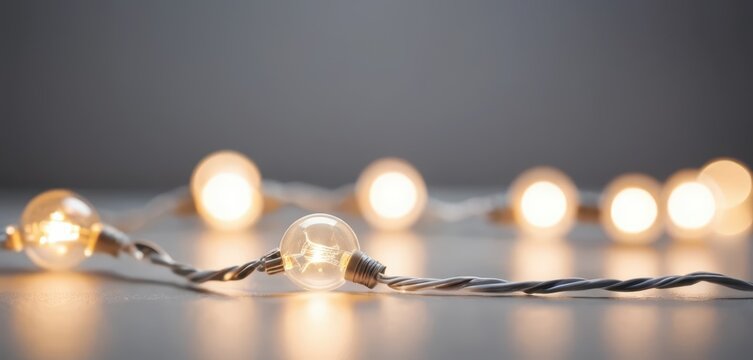 Close up of a string of warm glowing small light bulbs on a light surface Bokeh lights blur the grey background