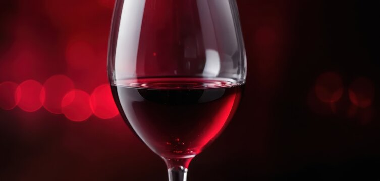 Close up of an elegant wine glass filled with rich red wine set against a dark background with festive red bokeh lights - Powered by Adobe