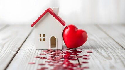 Small house with red heart and confetti on wooden surface for love