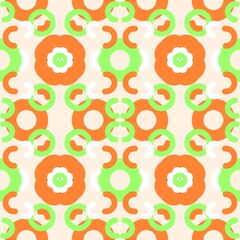 Bright retro seamless pattern with orange and green abstract floral shapes on soft beige background