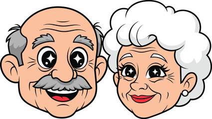 Cartoon illustration of a smiling elderly couple's faces with sparkling eyes old man