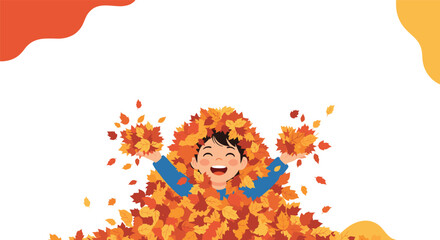 Naklejka premium A joyful child with a wide smile plays enthusiastically in a large pile of colorful autumn leaves, tossing them playfully.