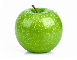 A vibrant green apple, glistening with refreshing water droplets, stands out as a symbol of health, vitality, and natural goodness. 