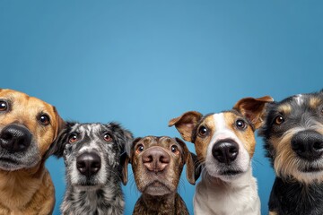 Six hungry dogs looking up and begging for food in a playful indoor setting