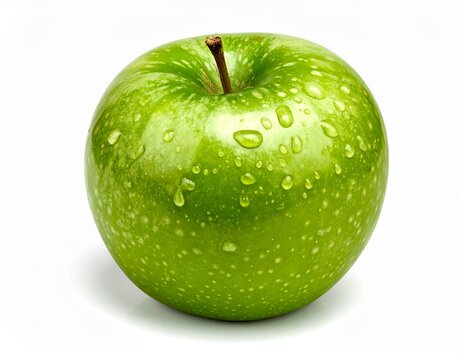 A vibrant close-up captures a crisp green apple, glistening with refreshing water droplets, offering a tempting glimpse of nature's bounty.