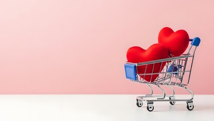 Mini shopping cart filled with red hearts against a pink background for valentine s day
