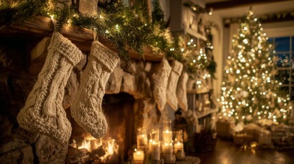 Fototapeta premium Cozy Christmas Fireplace with Knitted Stockings and Decorated Tree Surrounded by Warm Lighting and Holiday Cheer in a Festive Living Room Setting