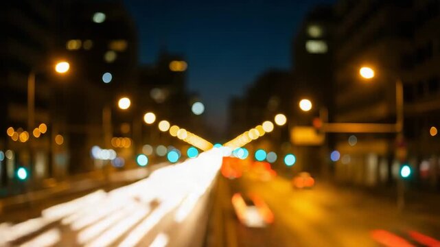 Blurred city street at dusk with vibrant light trails from passing vehicles and warm bokeh streetlights creating an abstract urban glow background. - Powered by Adobe