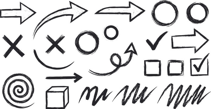Hand drawn doodle elements isolated on white background arrows, circles, check marks, cross marks, scribble lines, spiral, cube, and direction indicators