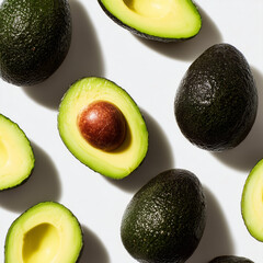 AI-generated image - A vibrant top-view flat lay of fresh, ripe avocados, including whole fruits and halves with pits visible, on a clean white background. 