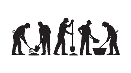 Obraz premium Silhouette of construction workers digging and shoveling vector illustration of manual labor isolated on white background