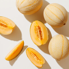 AI-generated image - Fresh whole and sliced cantaloupe melons with vibrant orange flesh and seeds on a white background. A healthy summer fruit perfect for food photography and design projects.