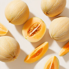 AI-generated image - Fresh whole and sliced cantaloupe melons with vibrant orange flesh and seeds on a white background. A healthy summer fruit perfect for food photography and design projects.