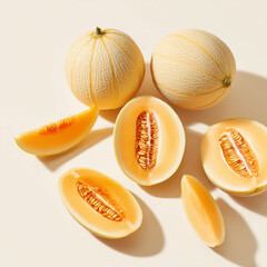 AI-generated image - Fresh whole and sliced cantaloupe melons with vibrant orange flesh and seeds on a white background. A healthy summer fruit perfect for food photography and design projects.