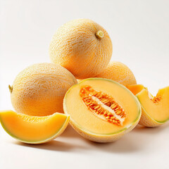 AI-generated image - Fresh whole and sliced cantaloupe melons with vibrant orange flesh and seeds on a white background. A healthy summer fruit perfect for food photography and design projects.