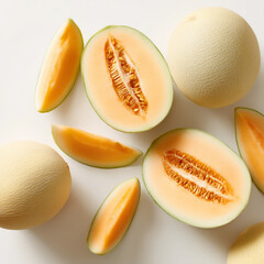 AI-generated image - Fresh whole and sliced cantaloupe melons with vibrant orange flesh and seeds on a white background, captured in a flat lay composition.
