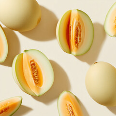 AI-generated image - Fresh whole and sliced cantaloupe melons with vibrant orange flesh and seeds on a white background, captured in a flat lay composition.
