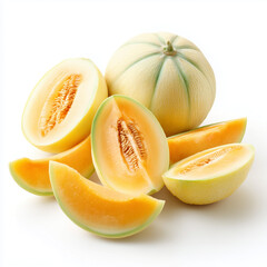 AI-generated image - Fresh whole and sliced cantaloupe melons with vibrant orange flesh and seeds on a white background, captured in a flat lay composition.