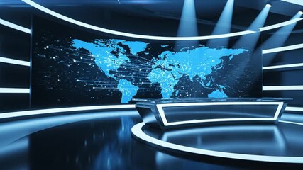 Dynamic news studio with world map backdrop ready for broadcast, perfect for global business updates or political analysis with modern design - Powered by Adobe