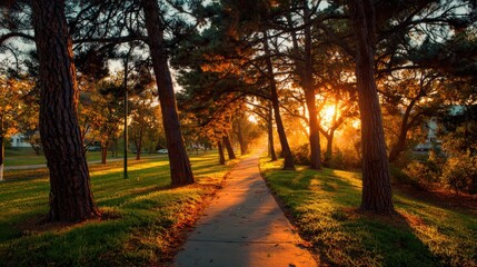 Fototapeta premium Scenic pathway in park lined with trees during glowing sunrise creating a peaceful natural landscape view on white background