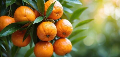 Close up of vibrant orange fruits growing on a tree branch amidst lush green leaves under bright sunlight