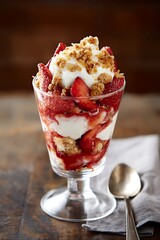 Layered strawberry and cream dessert is presented in a stemmed glass with a spoon nearby