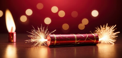 Bright golden sparks burst from a red firecracker illuminating a dark surface Warm bokeh lights glow on a red backdrop