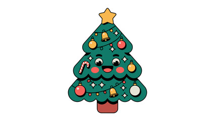 Holiday Cheer Illustration: A cheerful, cartoon Christmas tree adorned with ornaments and a star topper radiates the spirit of joy and festivity during the winter season.